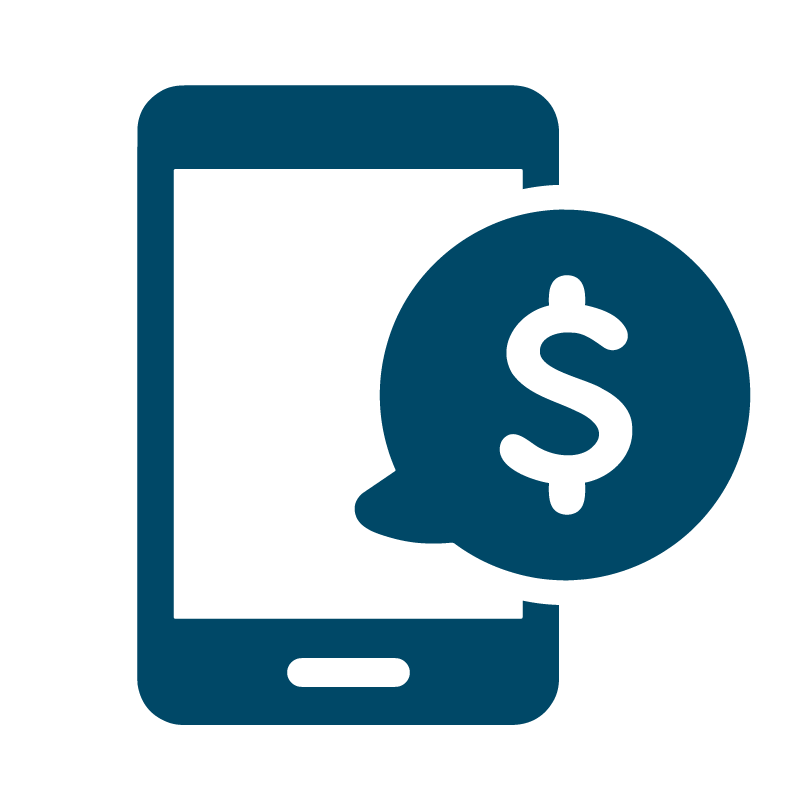 blue icon of cell phone with speech bubble layed over top, speech bubble contains dollar sign