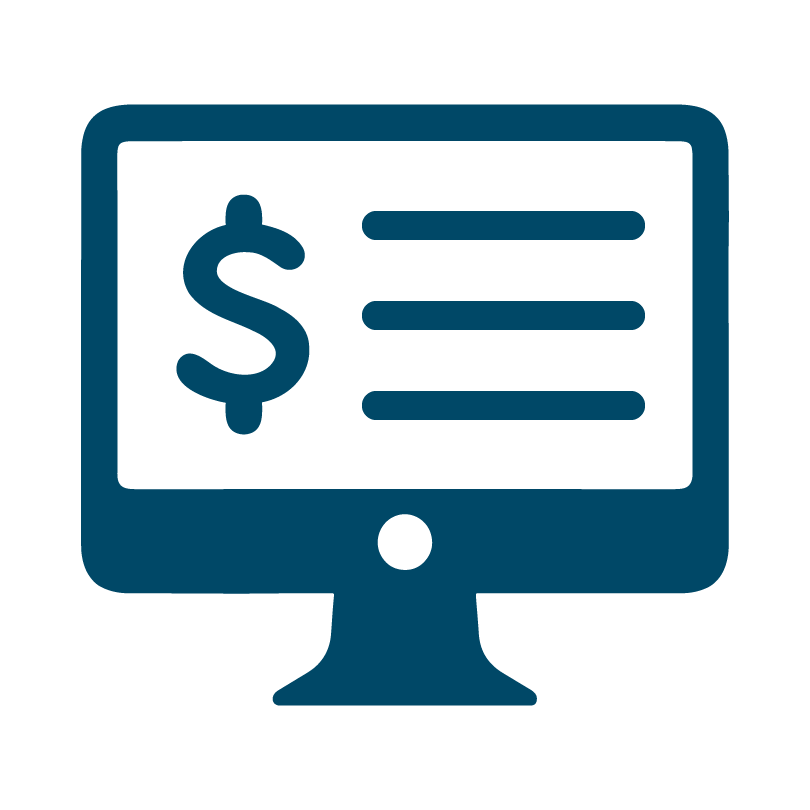 blue icon of a computer monitor with a dollar sign and lines on the screen