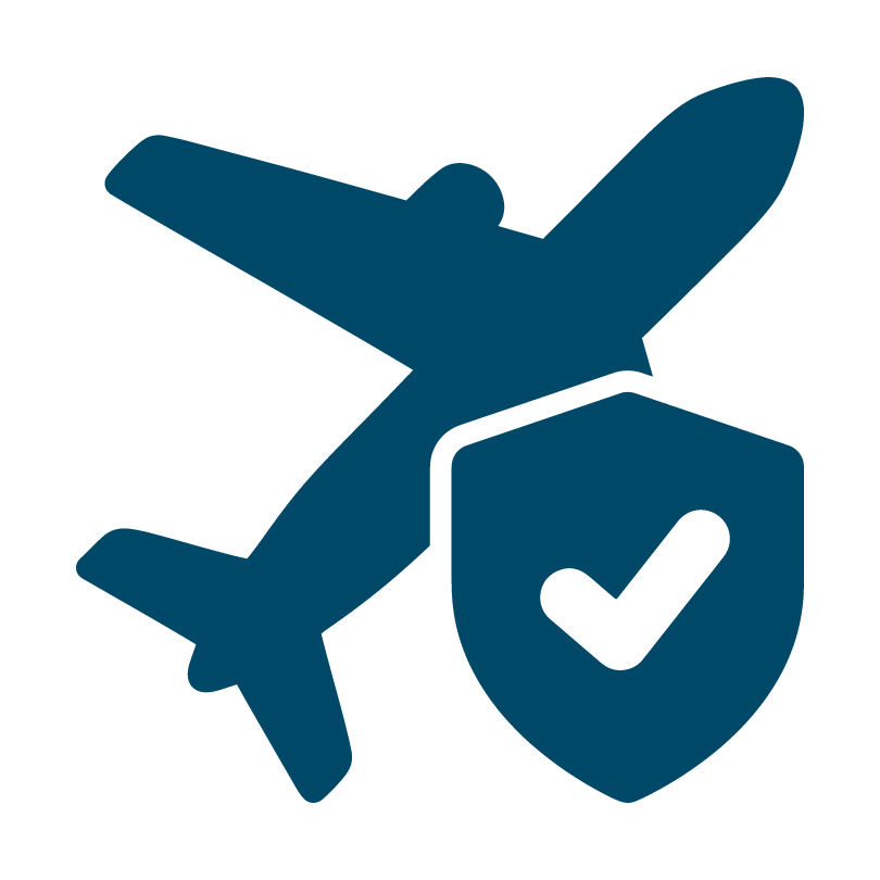 green icon of airplane with checkmark shield over top