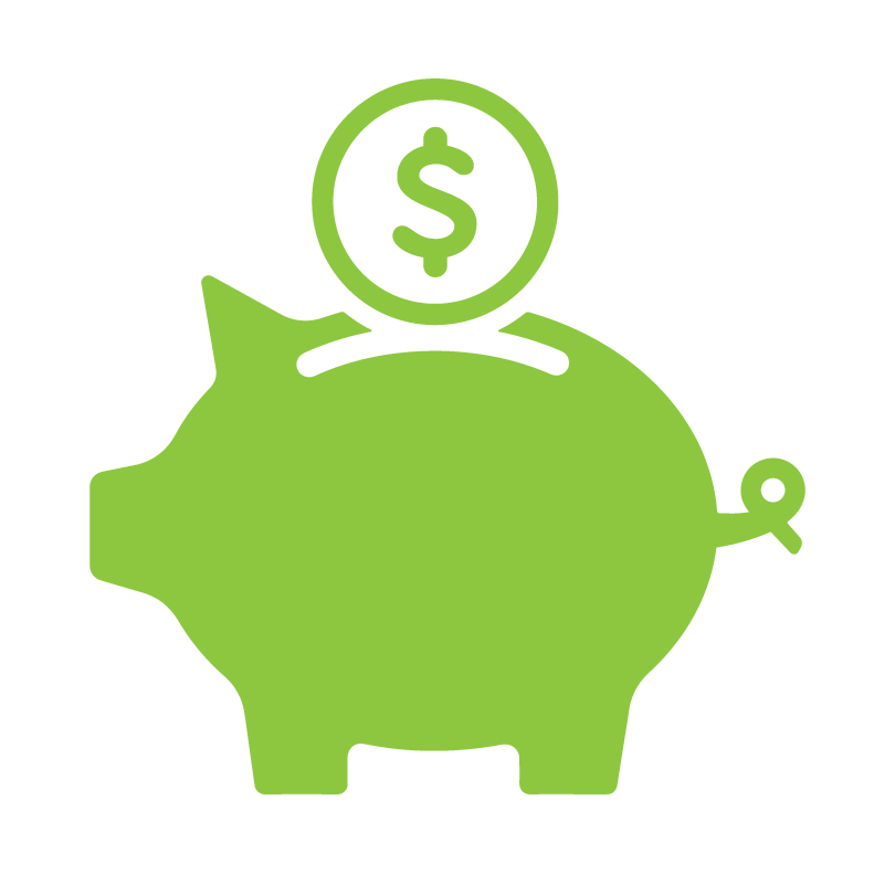 green icon of piggy bank with coin being inserted