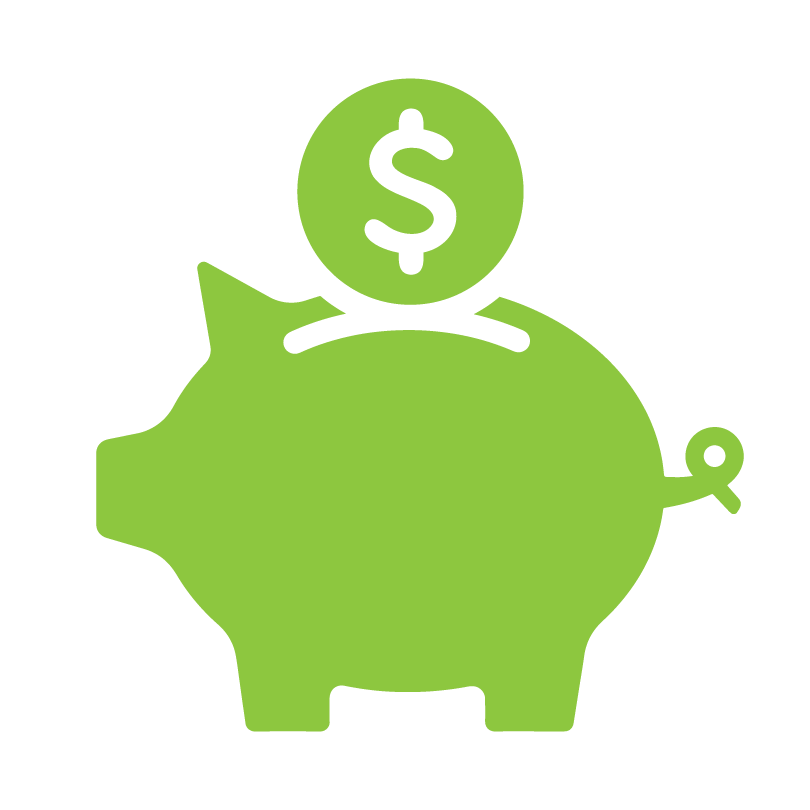 green icon of piggy bank with coin being inserted