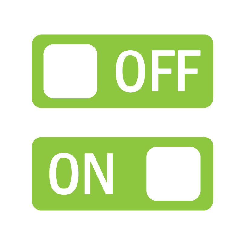 green icon of an off button and on button, both with a toggle feature