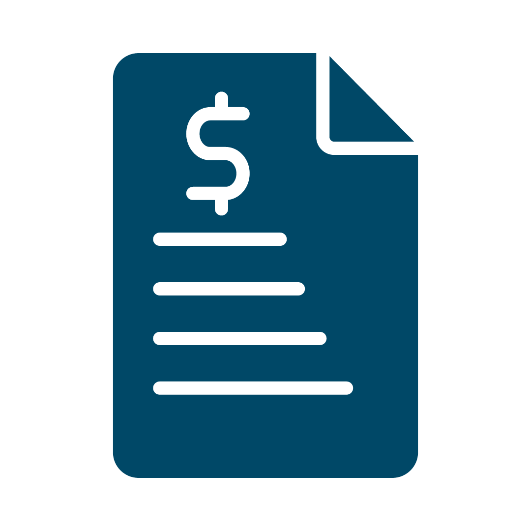 blue icon of sheet of paper rolled at the top and bottom with a dollar sign and lines of text on it