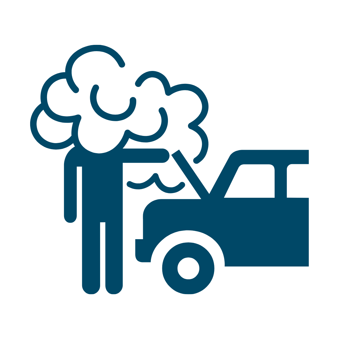 blue icon of a person holding a car's front hood open with smoke billowing out