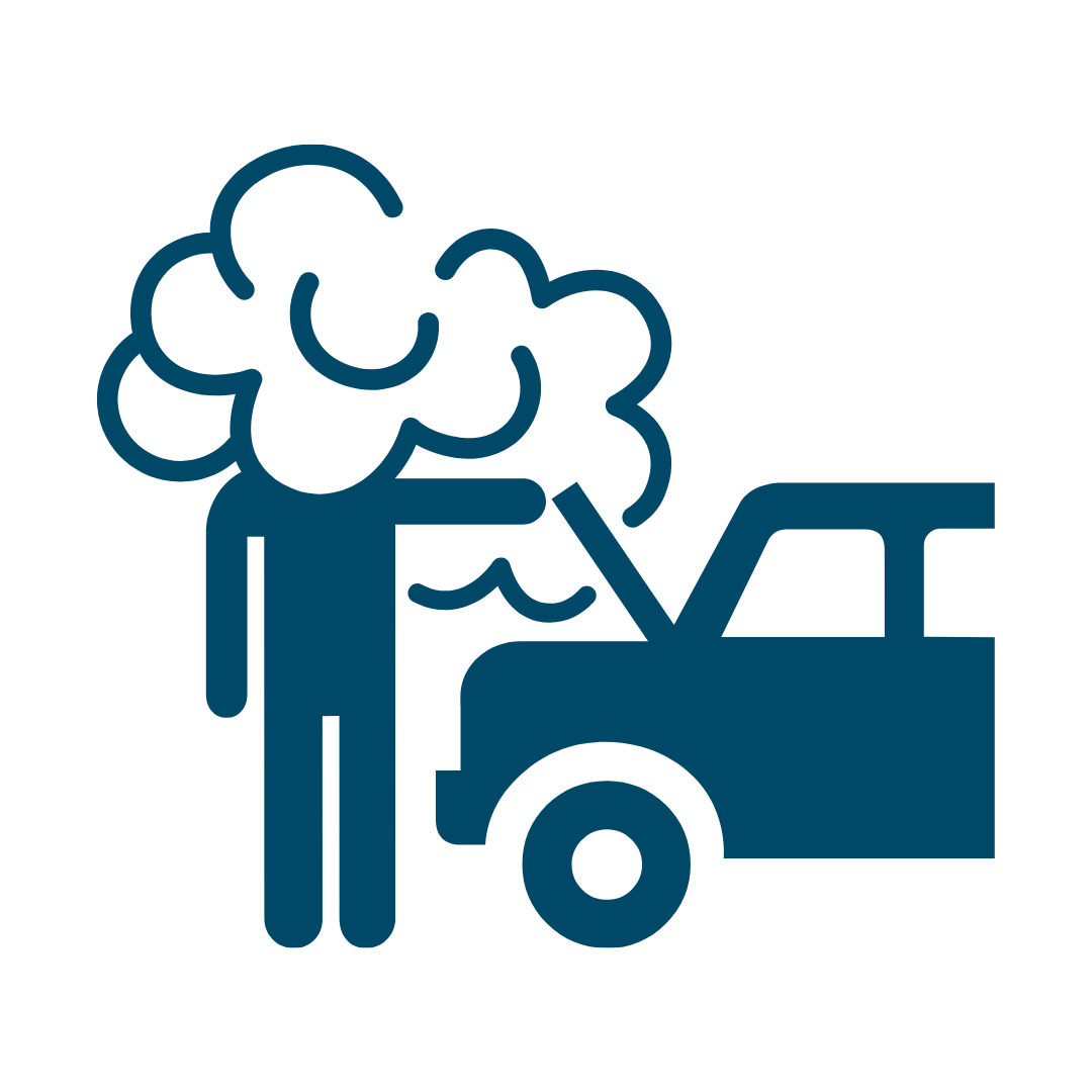 blue icon of a person holding a car's front hood open with smoke billowing out