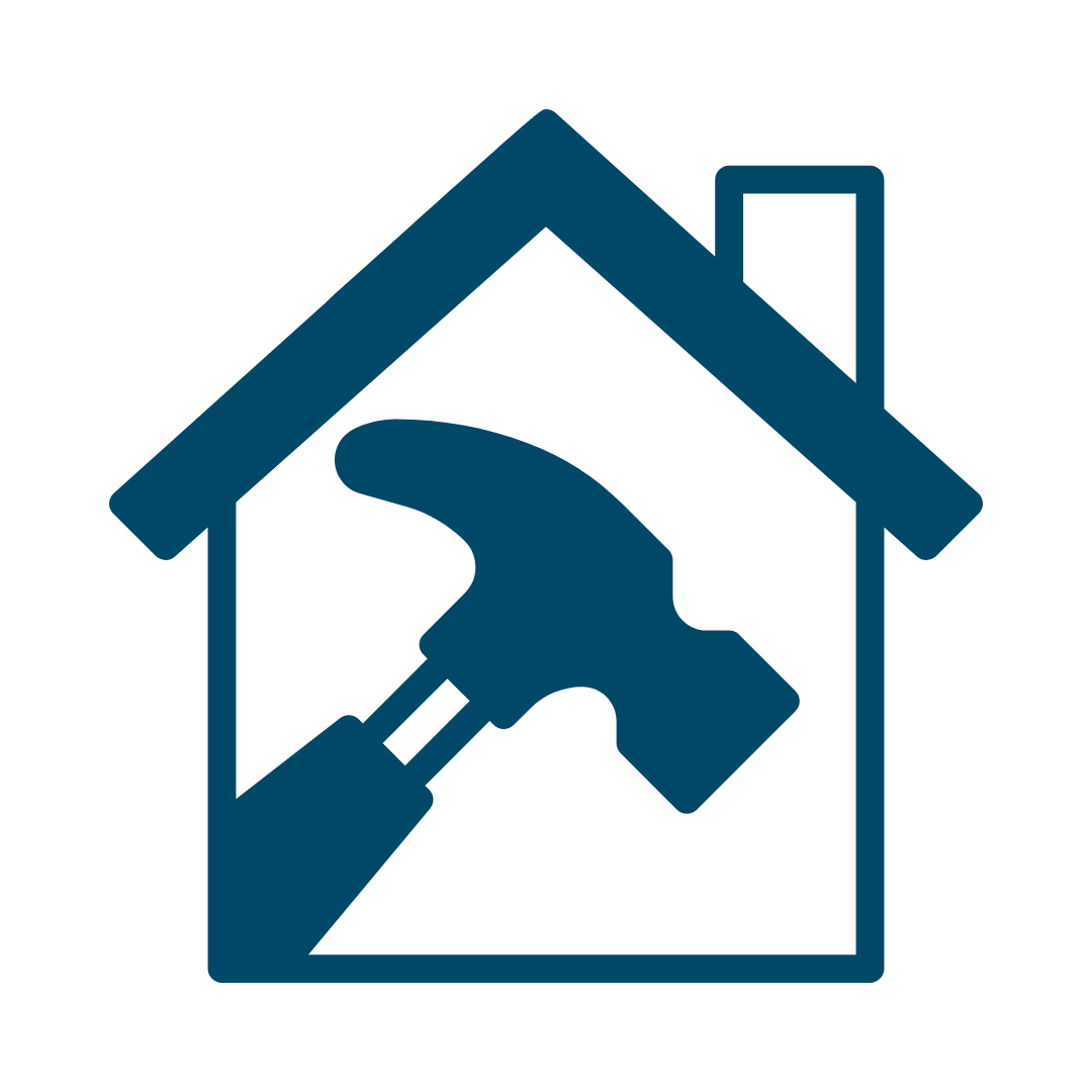 blue icon of a house with a hammer inside of it