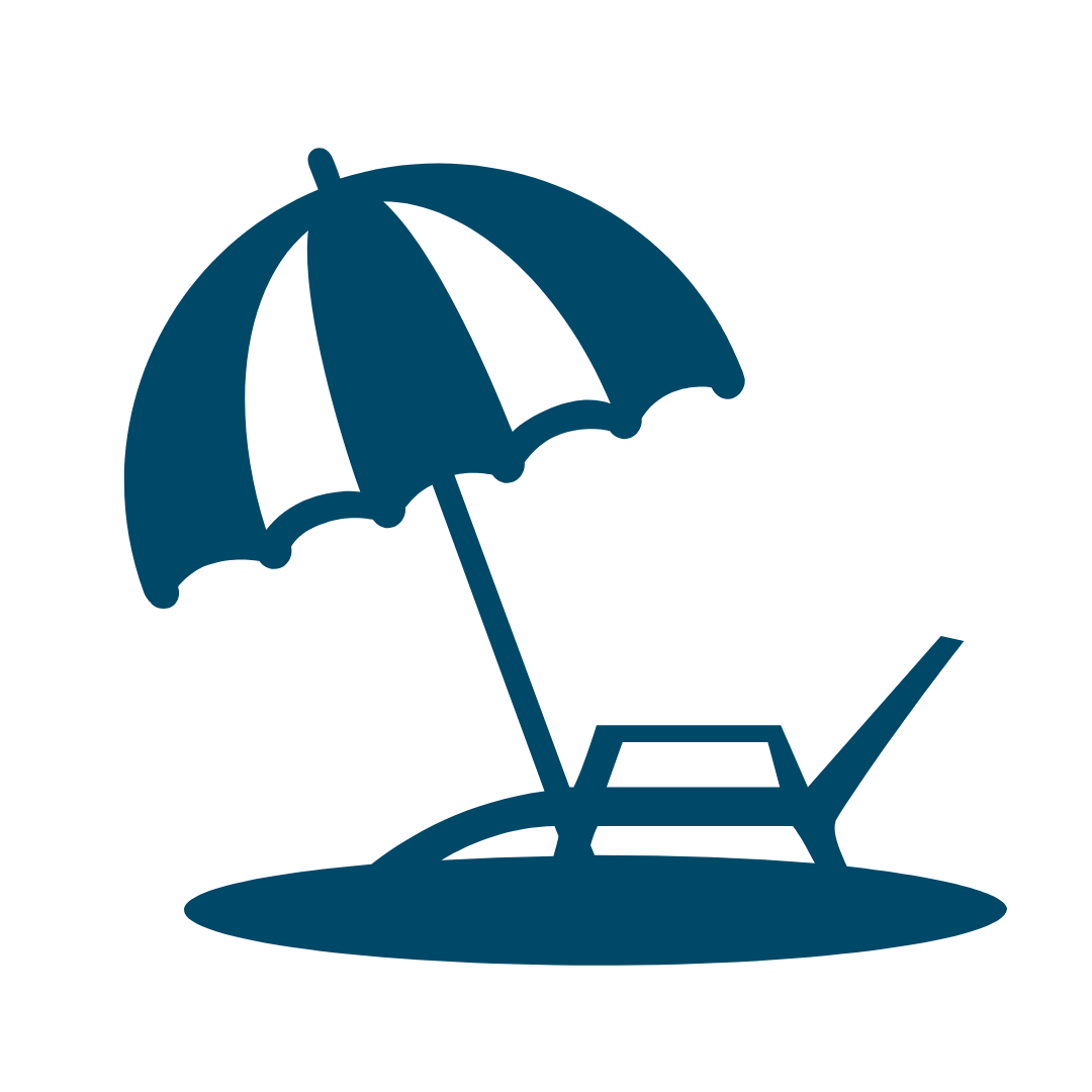 blue icon of a lounge chair with an umbrella shading it