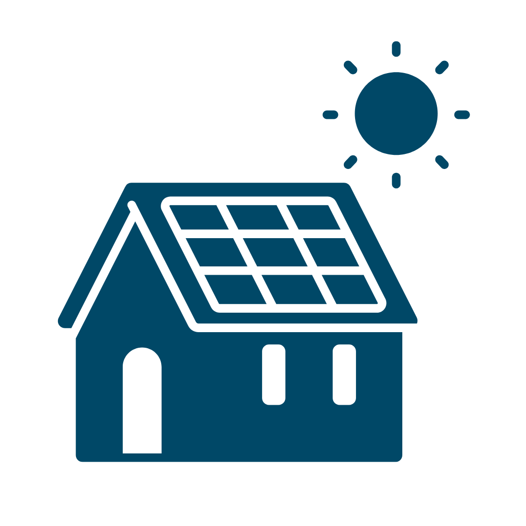 blue icon of a house with solar panels under a sun