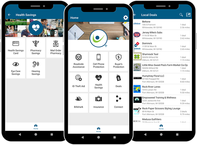 3 cell phones, each featuring a different screen on the BaZing Mobile App (left-Health Savings, middle-home, right-Local Deals)