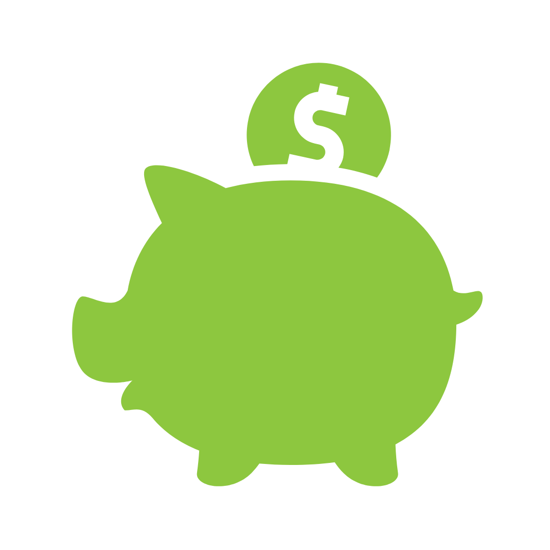green icon of a piggy bank with a coin being inserted