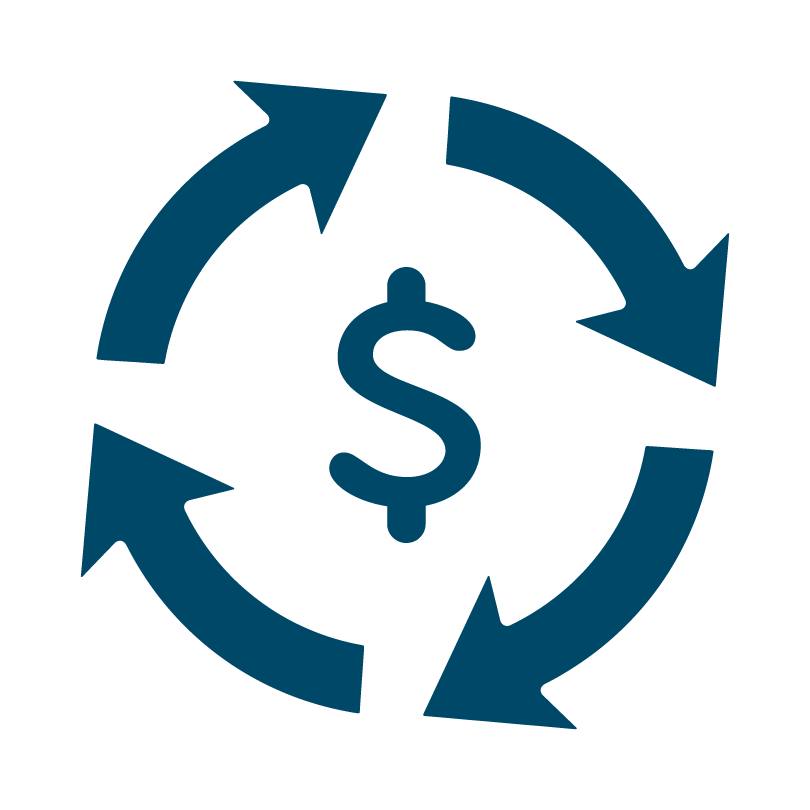 blue icon of a dollar sign with arrows surrounding it in a circle