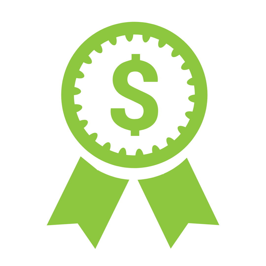 green icon of two people holding a giant bank check
