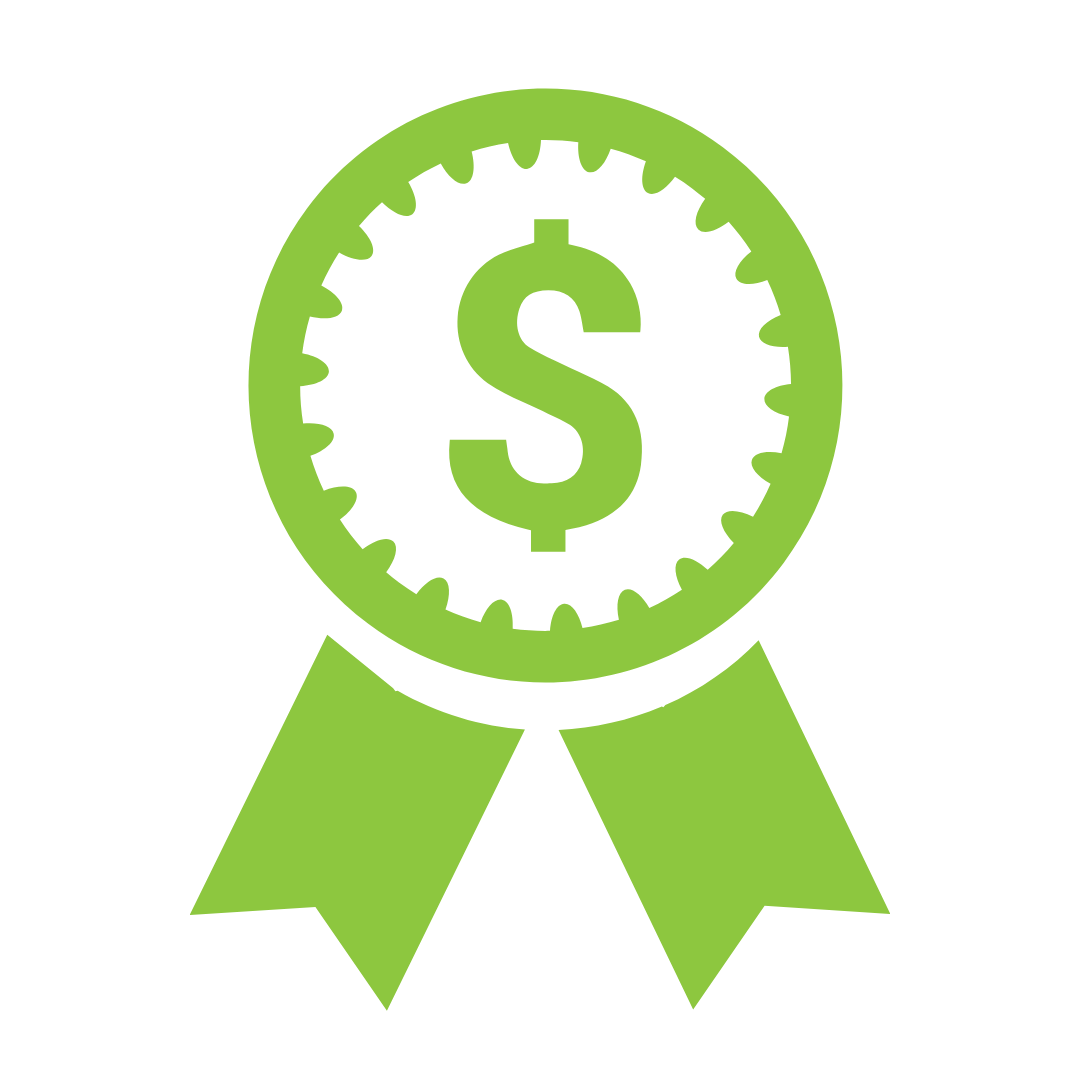 green icon of ribbon with dollar symbol on it