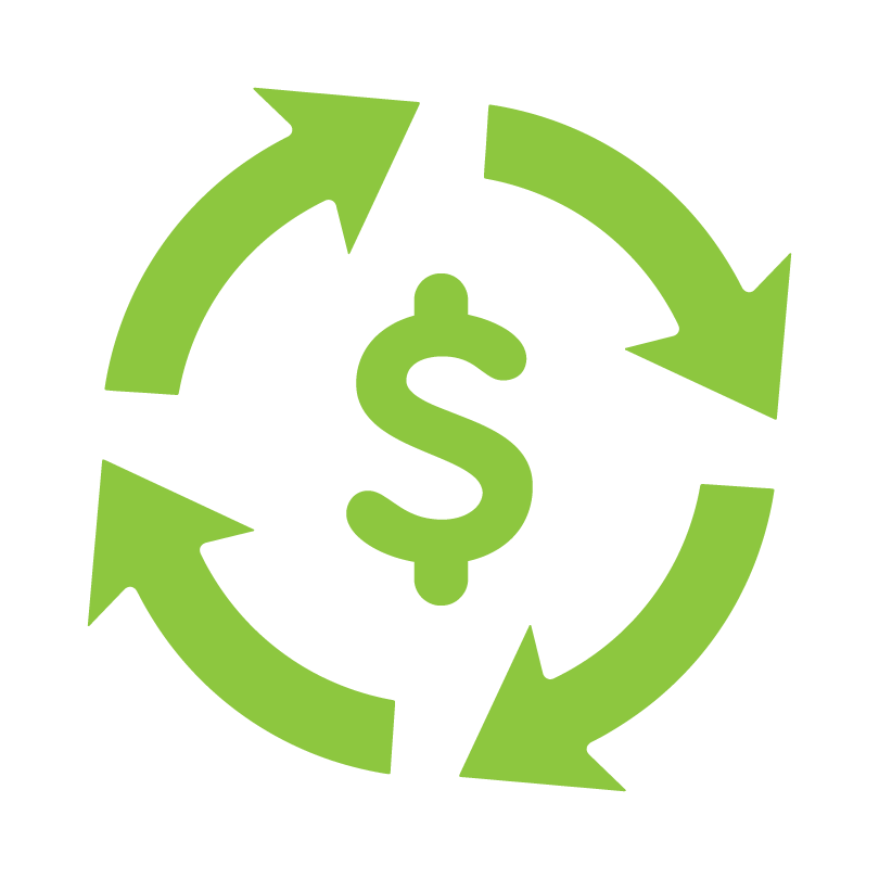 green icon of a dollar sign with two arrows circling around it