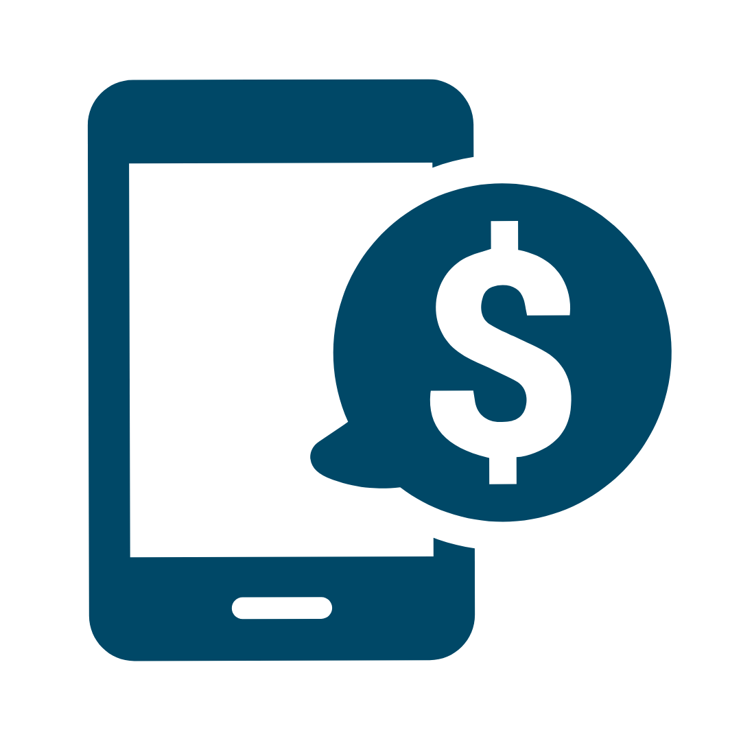 blue icon of cell phone with speech bubble layed over top, speech bubble contains dollar sign