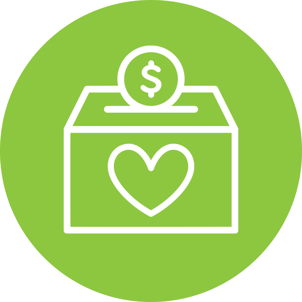 green circle with a white icon of a donation box with a heart on it
