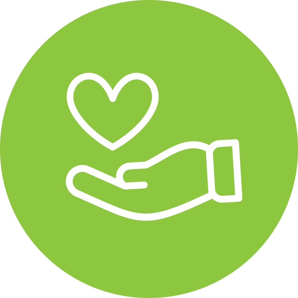 green circle with a white icon of hand holding a heart
