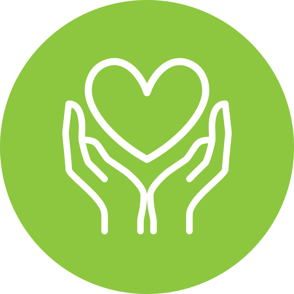green circle with a white icon of hands holding a heart