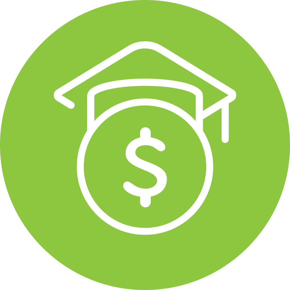 green circle with a white icon of a coin with a graduation cap