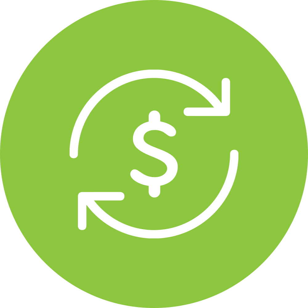 green circle with a white icon of a dollar sign and arrows in a circle around it