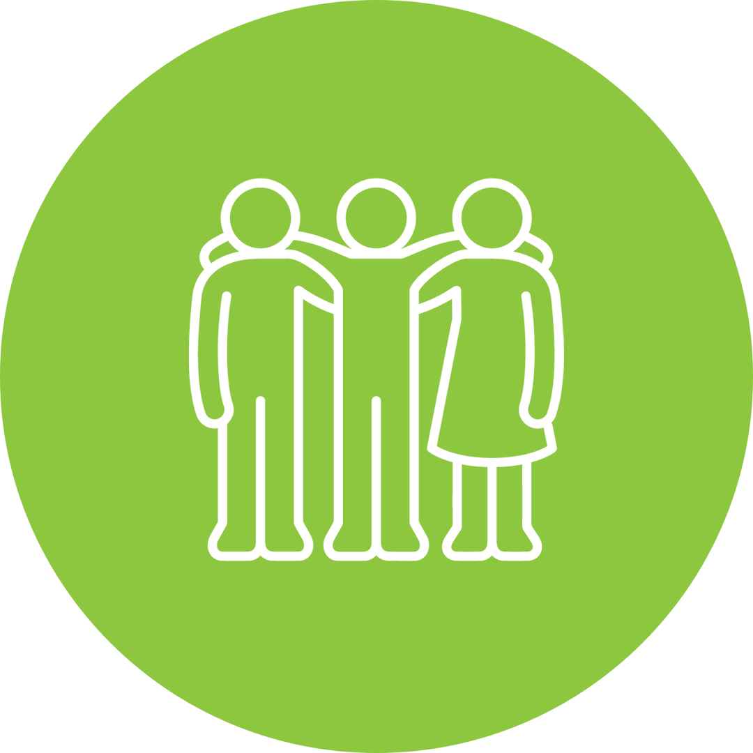 green circle with a white icon of three people with arms around eachother