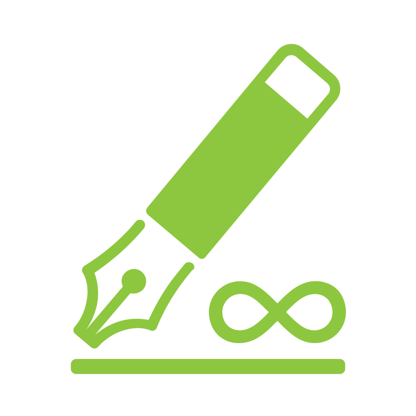 green icon of fountain pen writing with infinity symbol