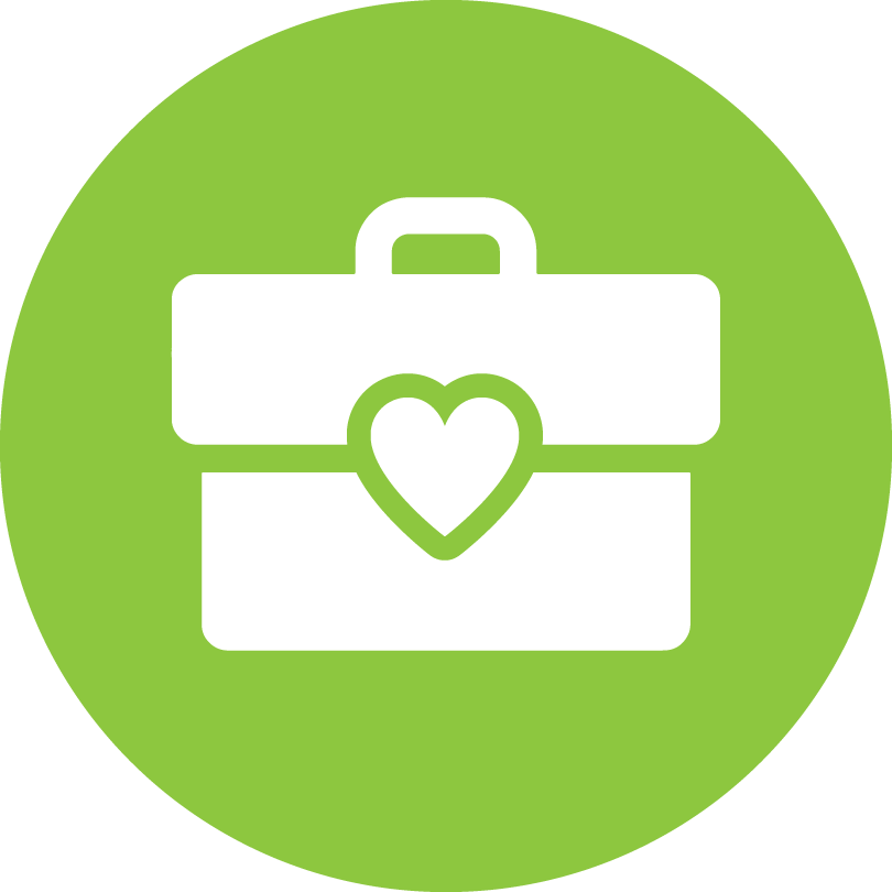 green circle with white icon of briefcase with heart on it