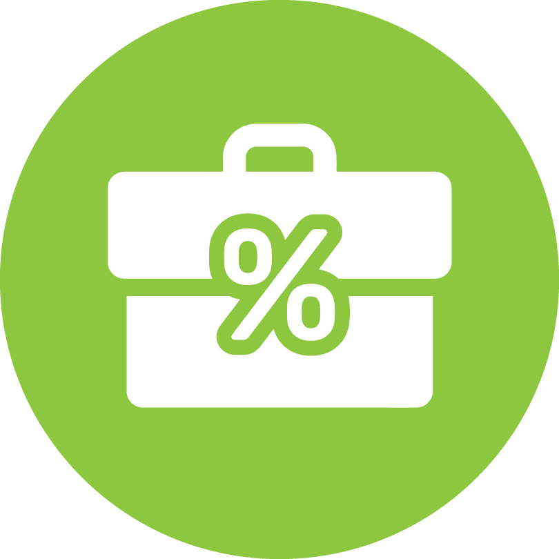 green circle with white icon of briefcase with percent icon on it