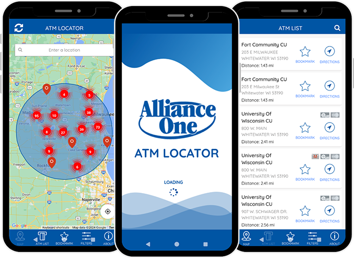 3 cell phones, each featuring a different screen on the Alliance One ATM Locator Mobile App (left-map, middle-loading screen, right-ATM list)