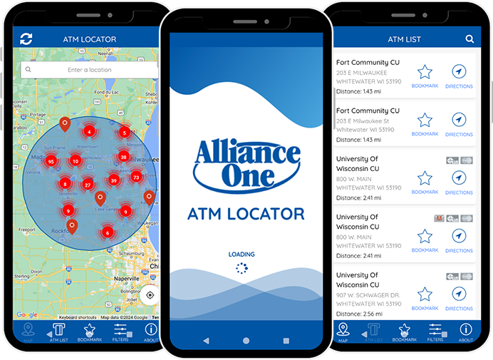 3 cell phones, each featuring a different screen on the Alliance One ATM Locator Mobile App (left-map, middle-loading screen, right-ATM list)