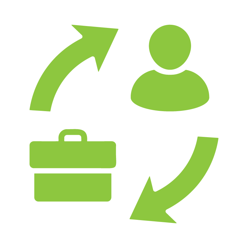green icon with briefcase and person silhouette with arrows pointing between them