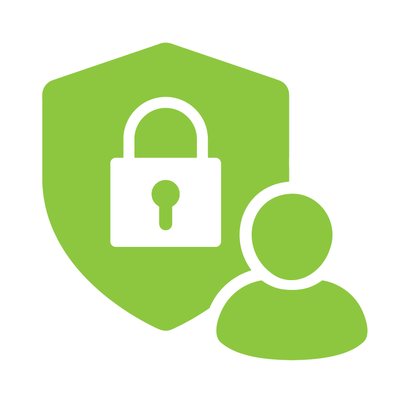 green icon of shield with lock on it next to a person silhouette