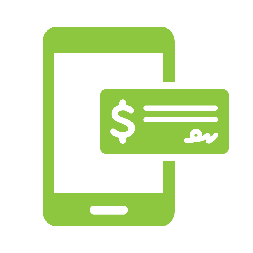 green icon of cell phone with bank check on top