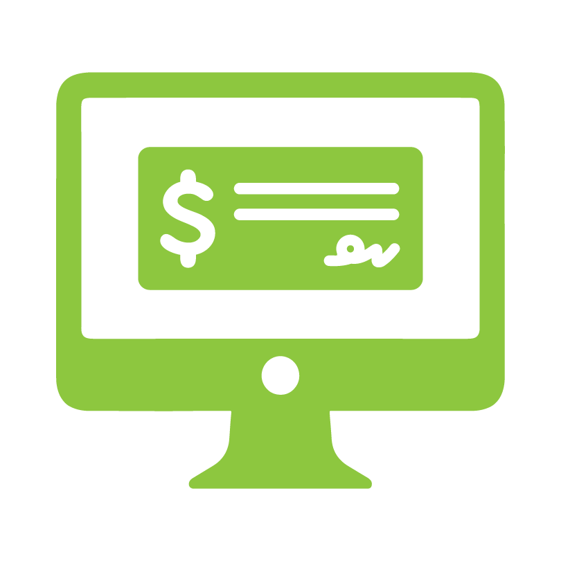 green icon of a computer monitor with a bank check on the screen