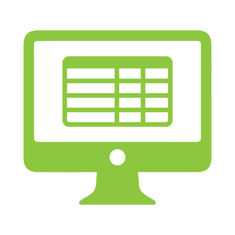 green icon of computer monitor with spreadsheet on the screen