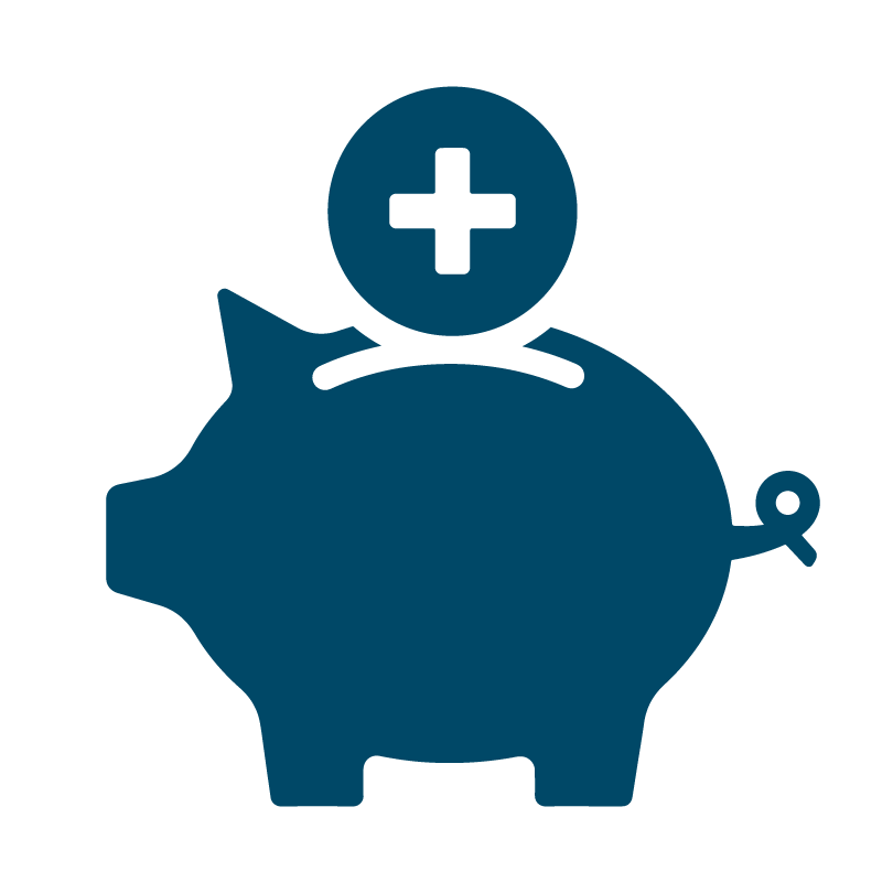 blue icon of a piggy bank with a circled plus symbol above it