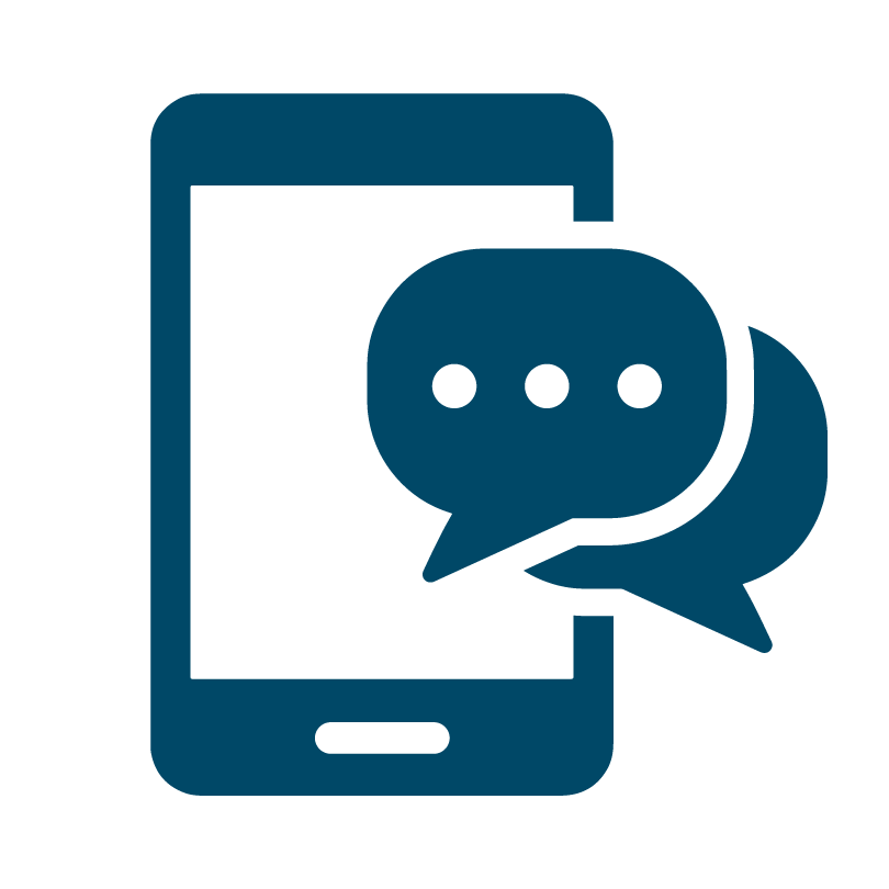 blue icon of a cell phone with text message bubbles on top