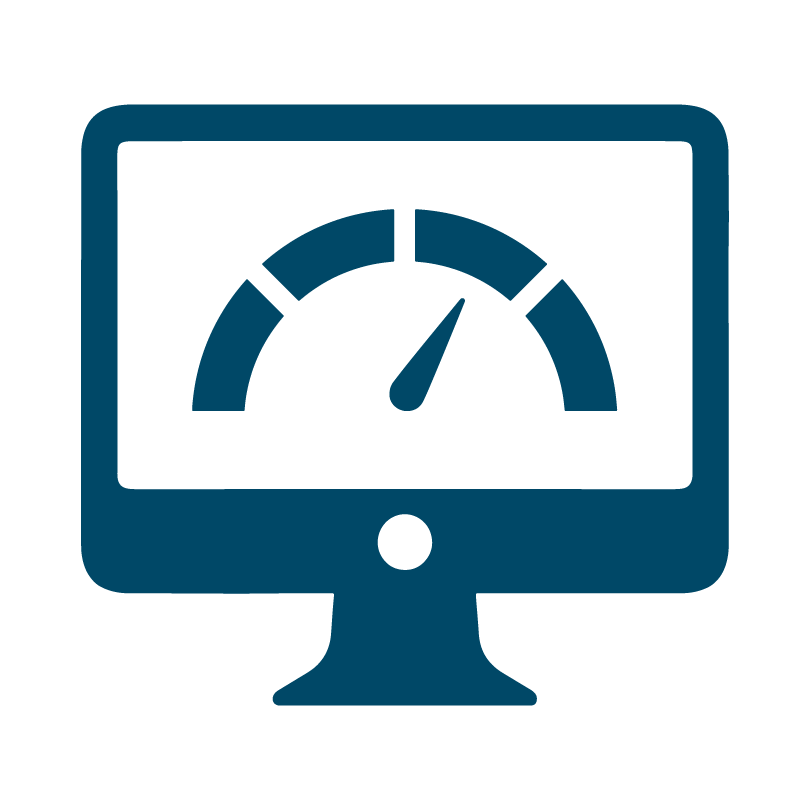 blue icon of a computer monitor with a guage on the screen