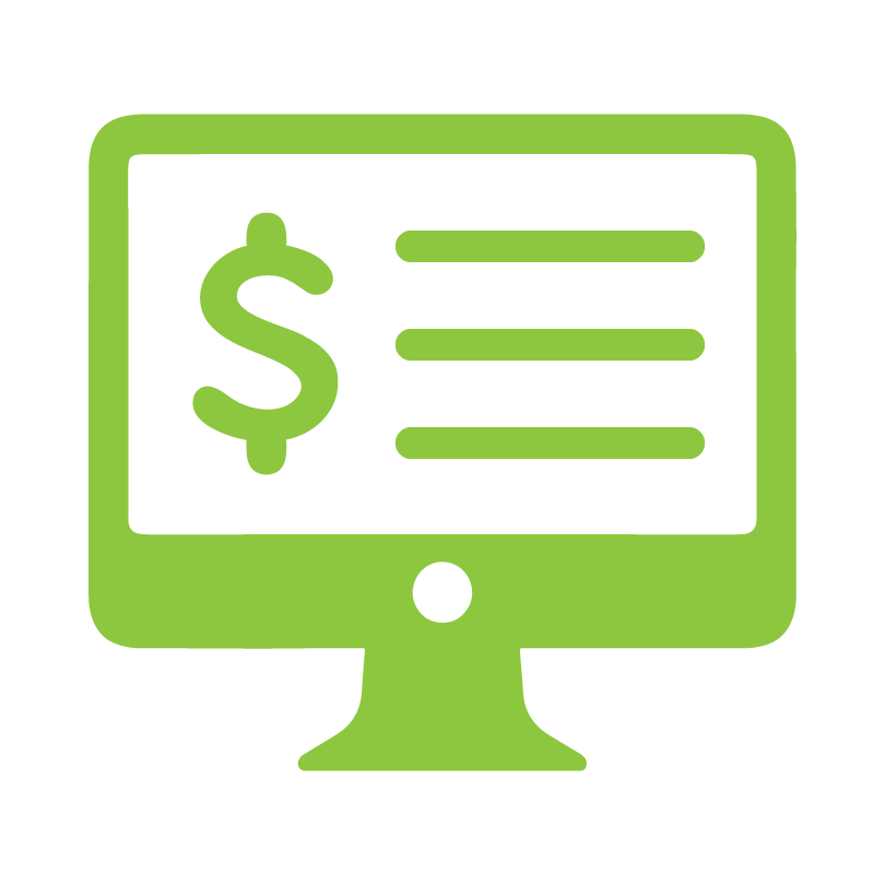 green icon of a computer monitor with a dollar sign and lines on the screen