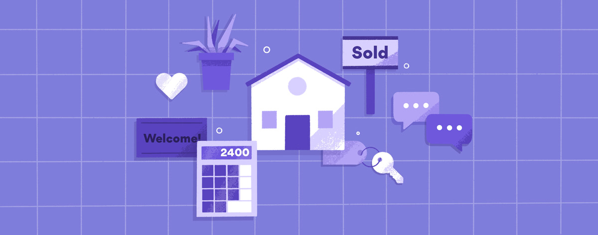 drawing of a house, sold sign, and other related objects scattered about