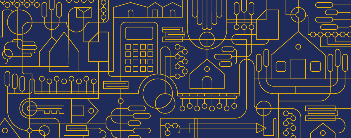 abstract line drawing of houses, calculators, envelopes, and more