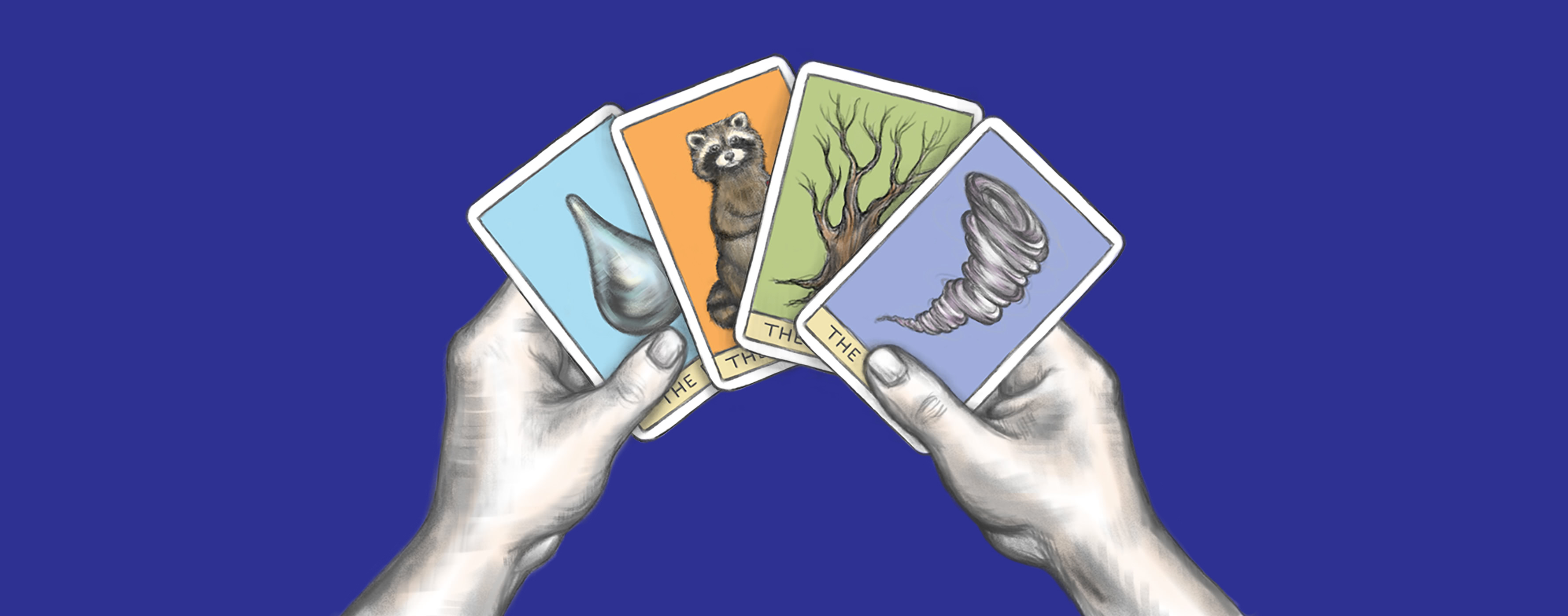 drawing of hands holding trading cards decorated with various home hazards