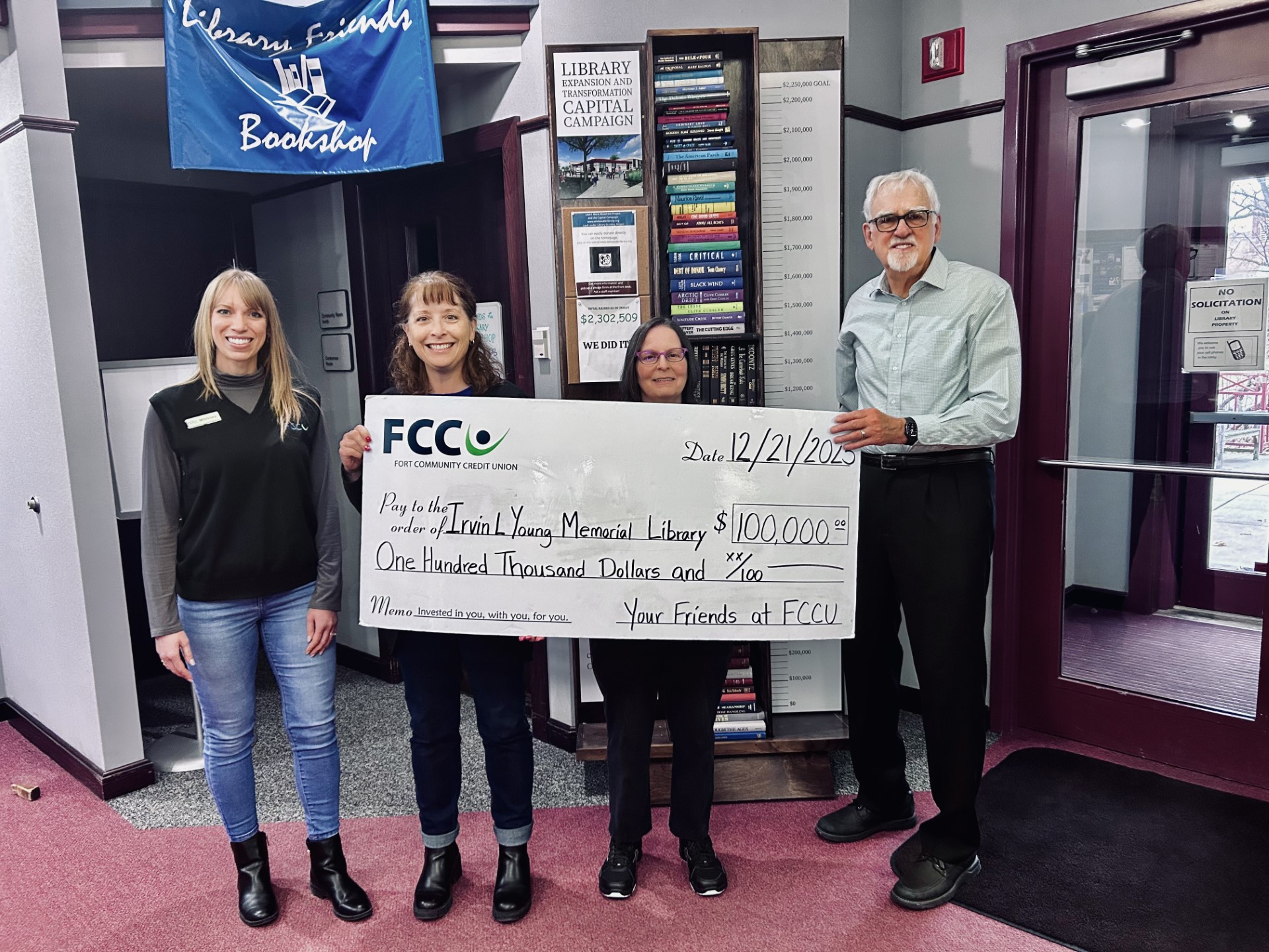 Whitney Townsend (Director of Business & Community Development at FCCU), Sue Johnson (President and CEO of FCCU), Diane Jaroch (interim Irvin L. Young Memorial Library Director), and Jim Winship (Chair, Campaign Planning Committee)