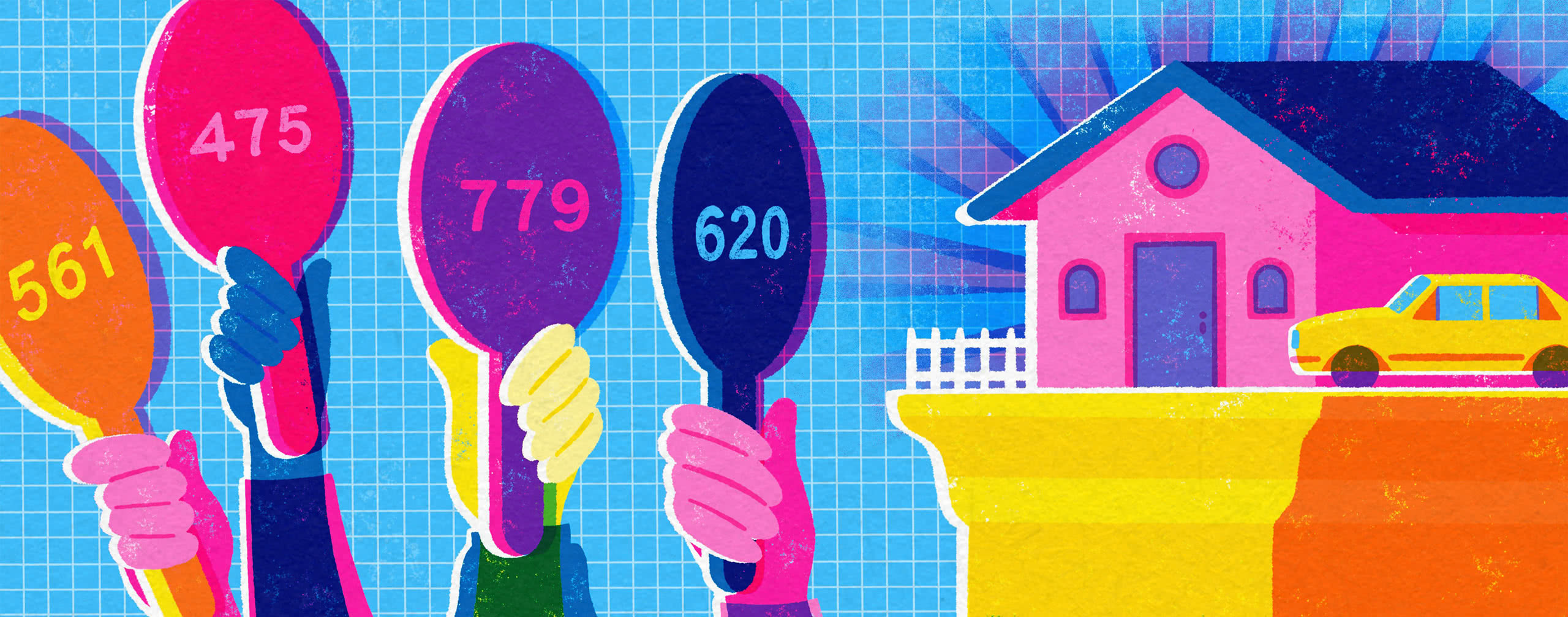 stylized graphic of a home and hands holding up paddles depicting different credit score values on each