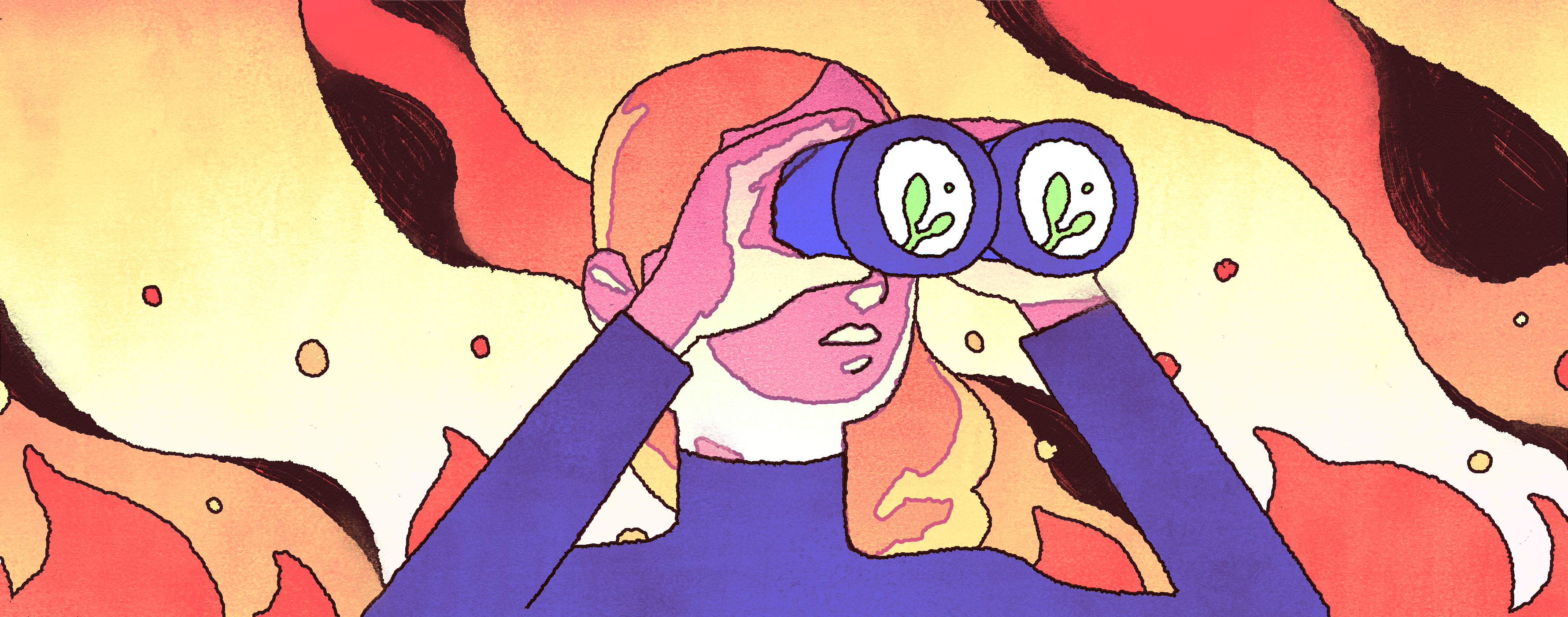 stylized graphic of a girl looking through binoculars surrounded by fire