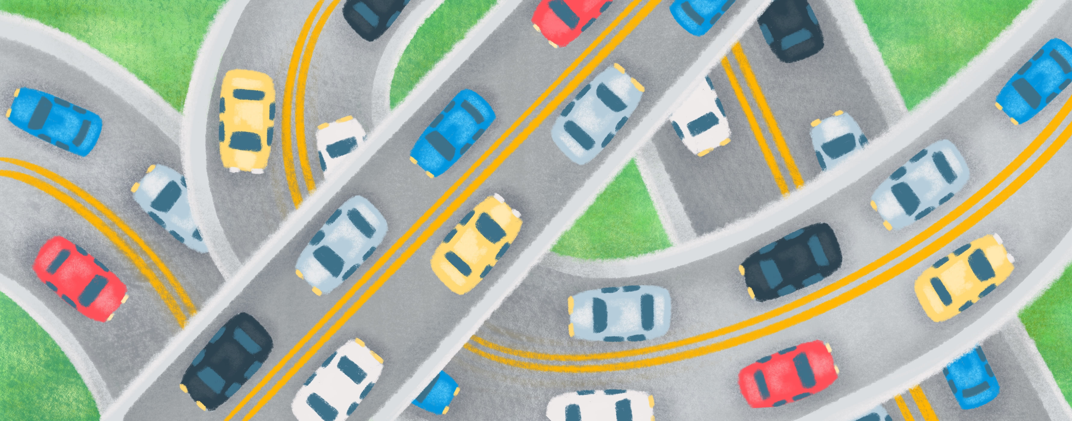 stylized graphic of overlapping roads with cars on them