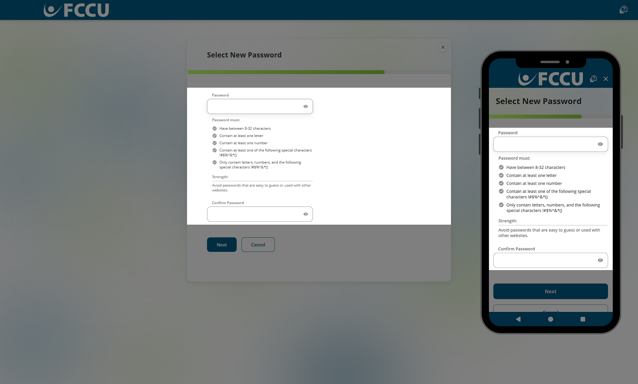 Screenshot of digital banking 'Select New Password' page.