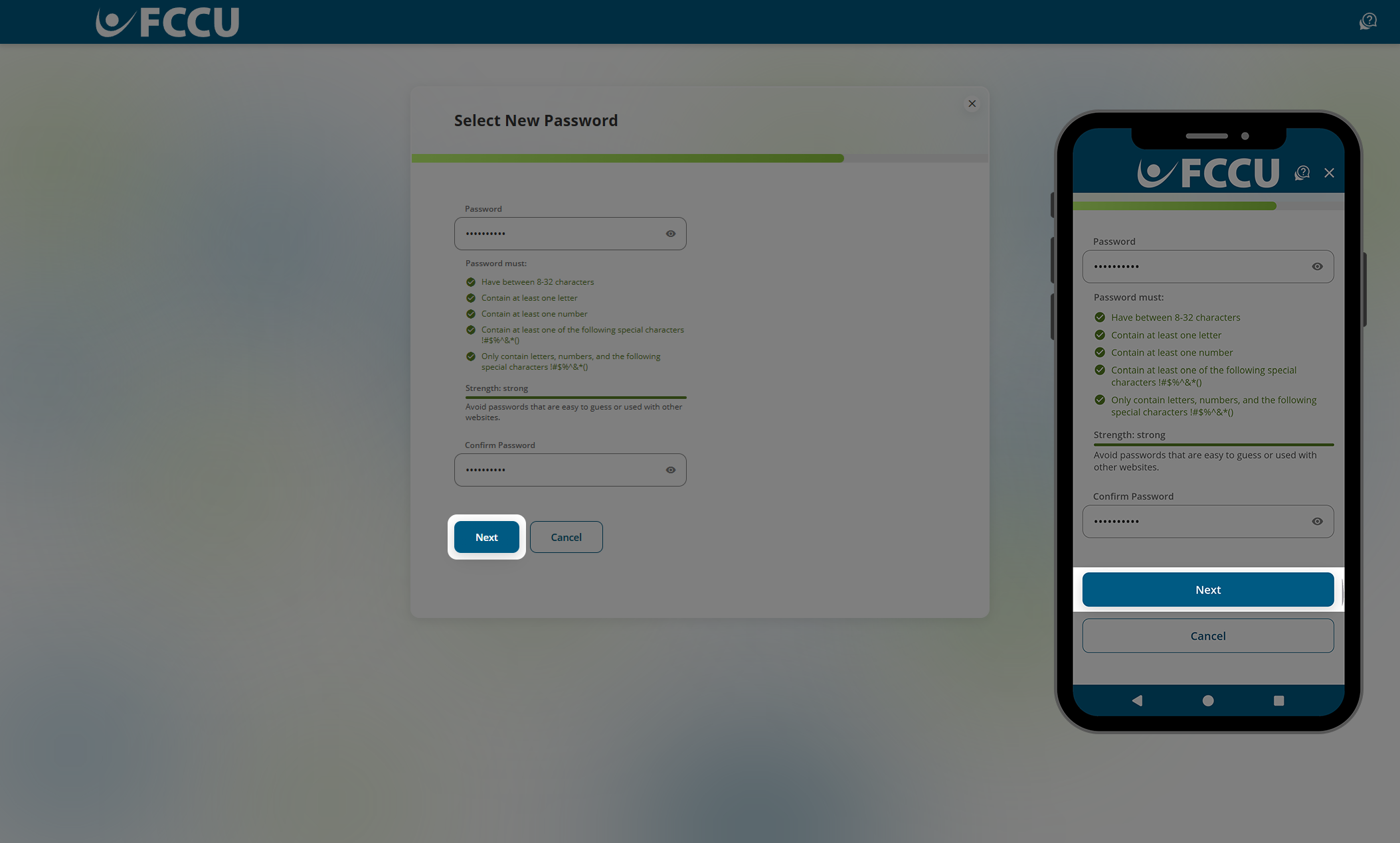 Screenshot of digital banking 'Select New Password' page.