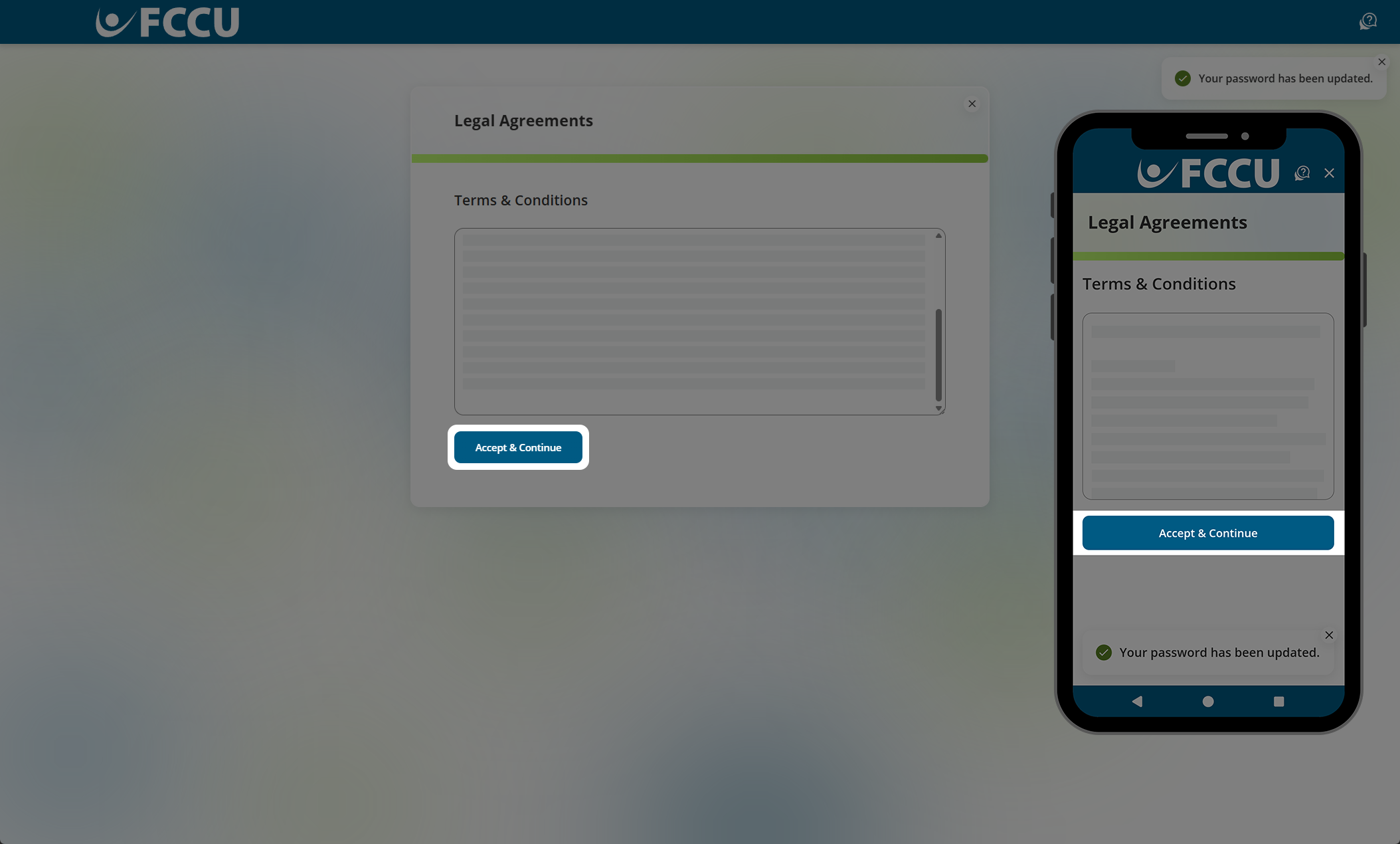 Screenshot of digital banking 'Legal Agreements' page.