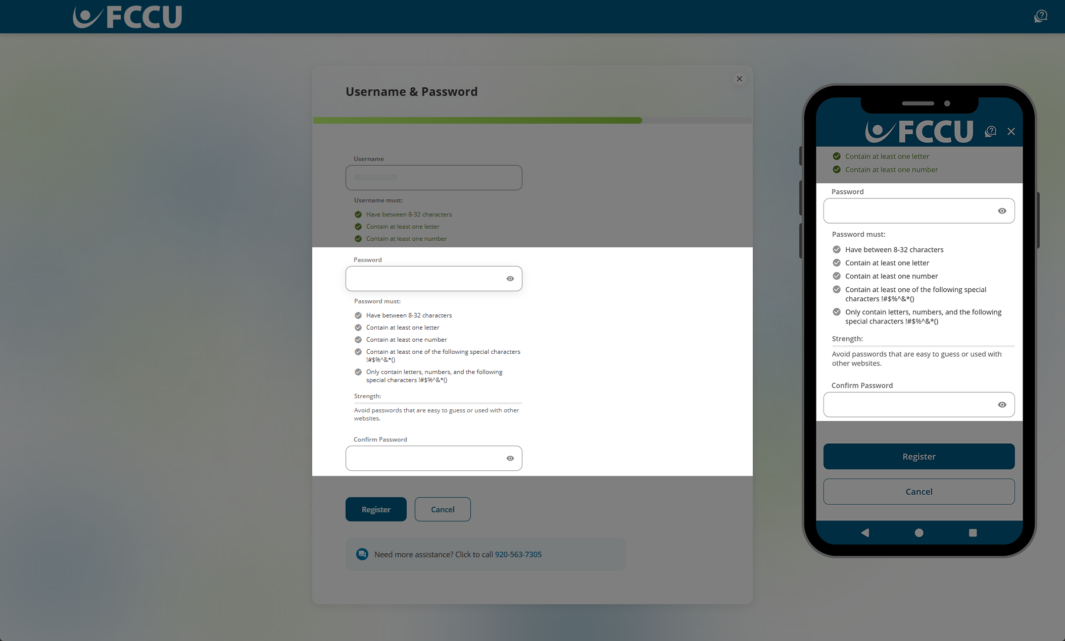Screenshot of digital banking 'Username & Password' page.